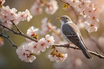 Cuckoo Perched on a Blooming Cherry Tree Branch