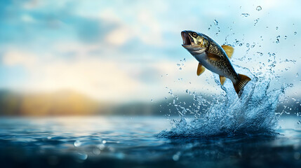 Obraz premium A fish leaps out of the water, creating splashes against a serene background of blue and golden hues.