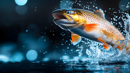 A vibrant trout jumping out of the water, surrounded by splashes, showcasing its vivid colors in a dynamic motion.