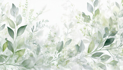 Delicate watercolor botanical digital paper floral background in soft basic pastel green tones. Neutral elegant pattern of green watercolor leaves on white paper.