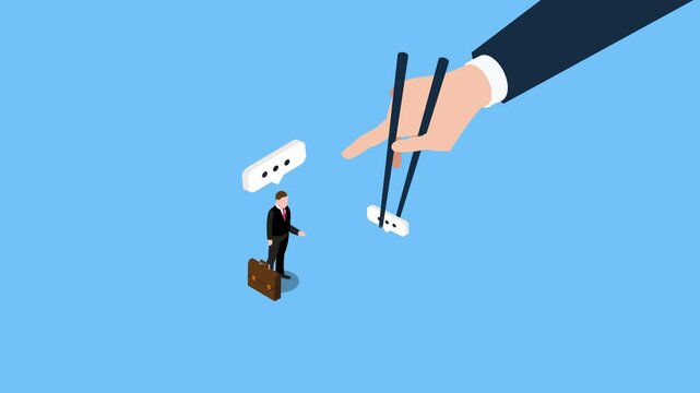 Productive dialogue. Gamma arms fingers hold chopsticks with dialogue. Art corporate communication between coworkers, manager and team 3d animation cartoon