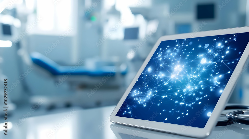 Poster modern tablet displaying abstract digital data in a clean healthcare environment.