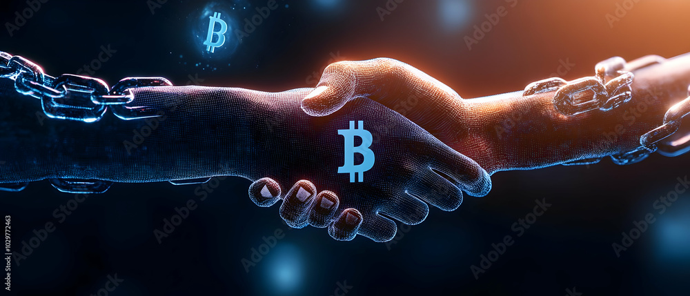 Poster digital handshake with bitcoin symbols, representing blockchain connection.