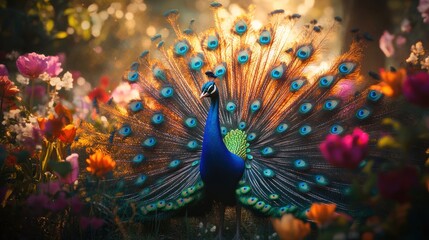 Obraz premium A vibrant peacock with its feathers fully spread in a colorful flower garden, bathed in the golden glow of the setting sun.