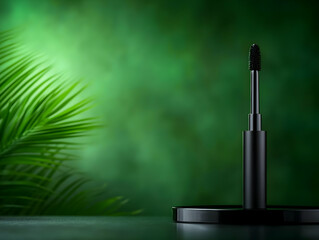 Stylish mascara tube on a decorative background with vibrant green foliage, perfect for beauty and cosmetic themes.
