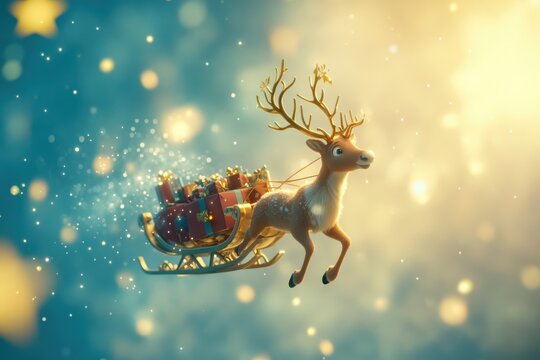 Magical reindeer pulling a festive sleigh filled with gifts, soaring through the sparkling night sky under a warm, glowing light.
