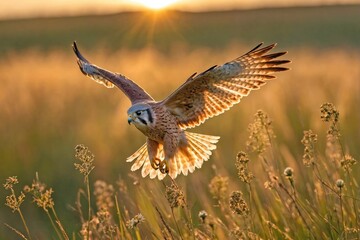 Obraz premium Kestrel Hovering Over a Sunlit Meadow