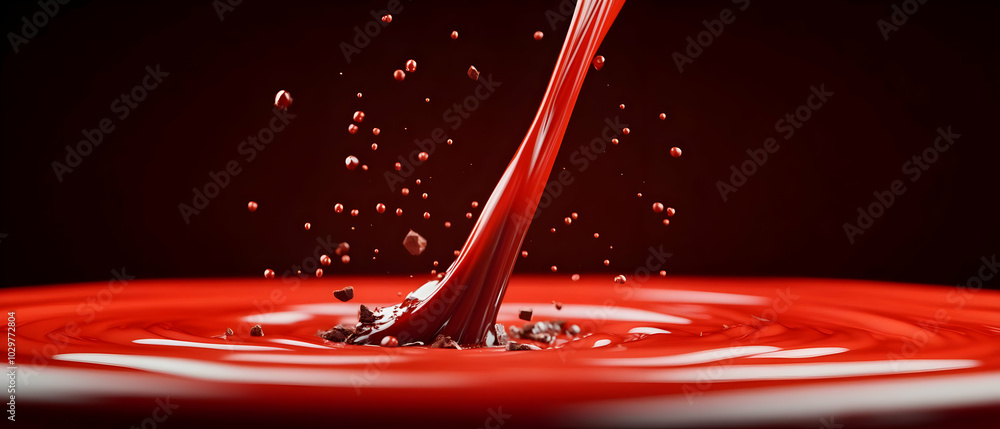 Poster flowing red liquid creating ripples and splashes on a dark background.