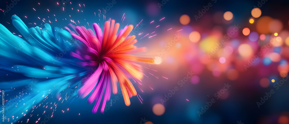 Poster vibrant abstract illustration with dynamic colors and blurred lights, creating a sense of movement a