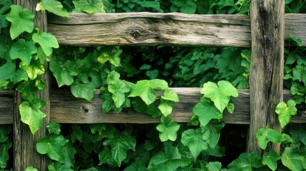 Fototapeta premium A wooden fence entwined with vibrant green ivy leaves.