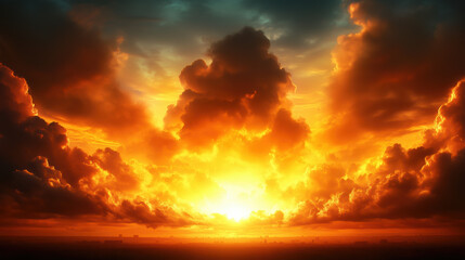 Fototapeta premium breathtaking sunset illuminates sky with vibrant orange and yellow hues, casting dramatic shadows across clouds. scene evokes sense of tranquility and awe