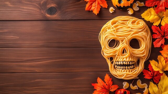 Skull made of pasta, surrounded by autumn leaves on wooden background.