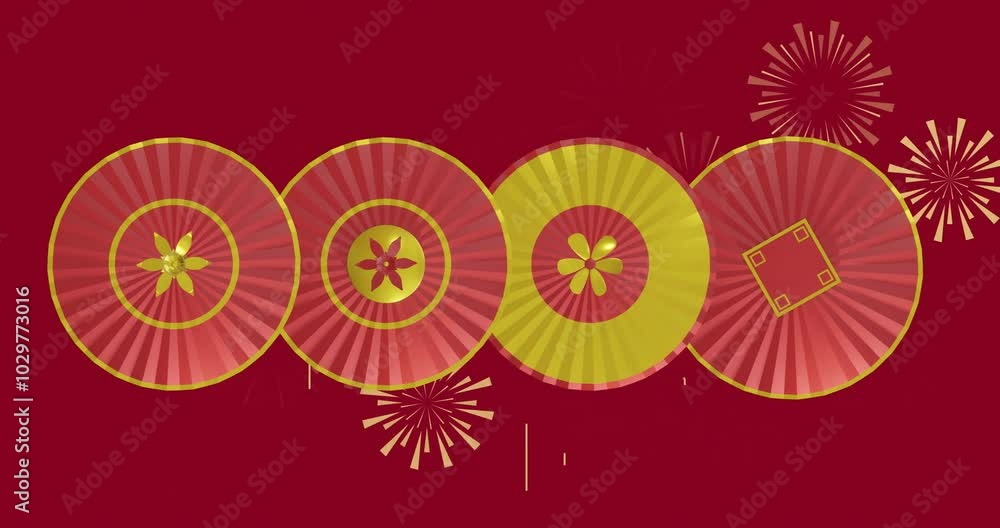 Poster animation of red and yellow circles with shapes over fireworks on red background