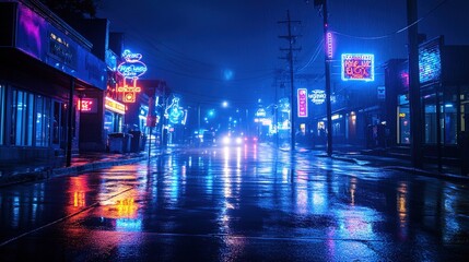 Obraz premium Neon Lights Reflecting on Rainy Street at Night