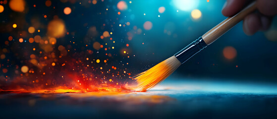 Fototapeta premium A paintbrush igniting vibrant colors and sparkles, creating a mesmerizing artistic effect on a textured surface.