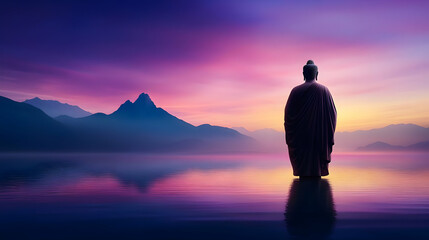 Silhouette of a meditating figure against a serene sunset, reflecting tranquility and inner peace.