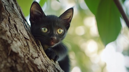 Happy Small Black Cat Playfully Sitting on a Tree, Enjoying Its Time with a Cheerful and Curious Expression, Perfect for Pet Lovers and Animal Illustrations
