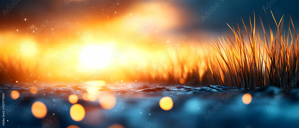 Poster a serene view of sunset over water with glowing bokeh lights and lush grass, creating a peaceful and