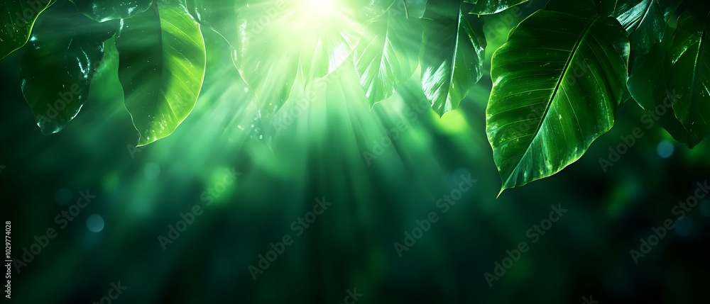 Poster sunlight filtering through lush green leaves, creating a serene and calming atmosphere.