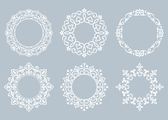 Set of decorative frames Elegant vector element for design in Eastern style, place for text. Floral gray and white borders. Lace illustration for invitations and greeting cards