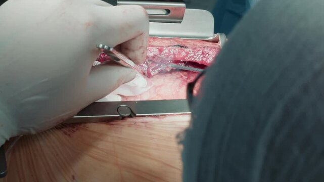 Laser scalpel in action during heart surgery. Surgeon uses laser scalpel and forceps with care under clinic bright lights during coronary artery bypass