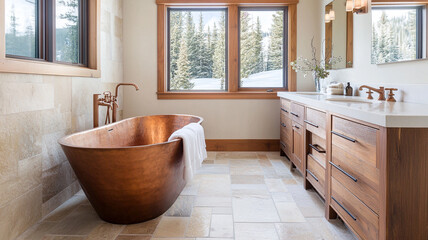 luxurious bathroom featuring freestanding copper bathtub, wooden cabinetry, and large windows showcasing serene snowy landscape. warm tones create cozy atmosphere