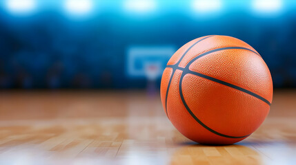 Fototapeta premium Close-up view of a basketball on a wooden court, perfect for sports-themed visuals.
