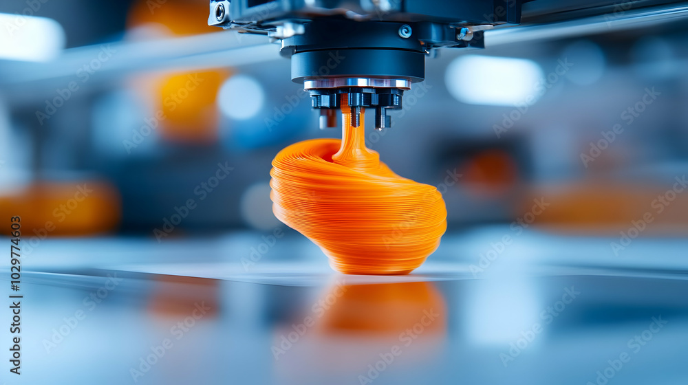 Poster close-up of a 3d printer in action, creating an intricate orange design on a white background.