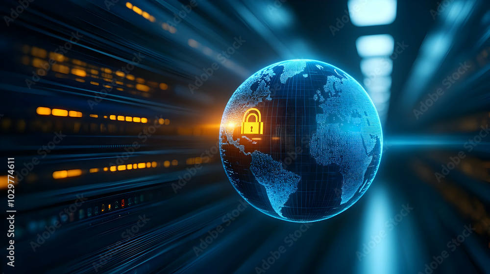 Poster a digital globe with a security lock symbol, representing cybersecurity and data protection in a hig