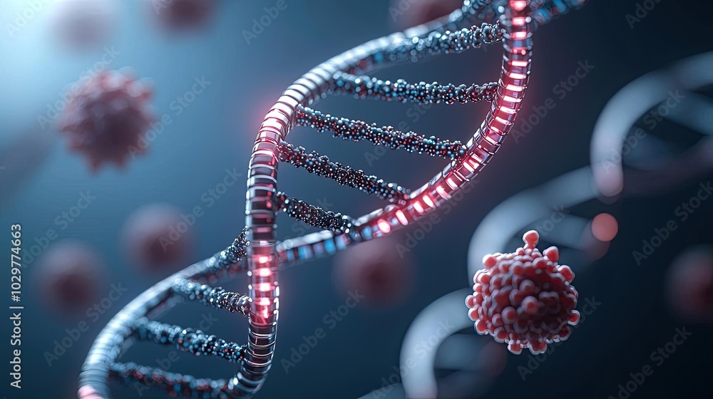 Poster detailed view of dna structure with glowing elements, depicting genetic sequencing and cellular acti