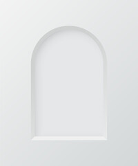 3d wall arch niche. Empty white semicircular shelf. Inside frame. Display stand, showcase mockup. Showroom, gallery, studio or shop product presentation. Realistic vector illustration.