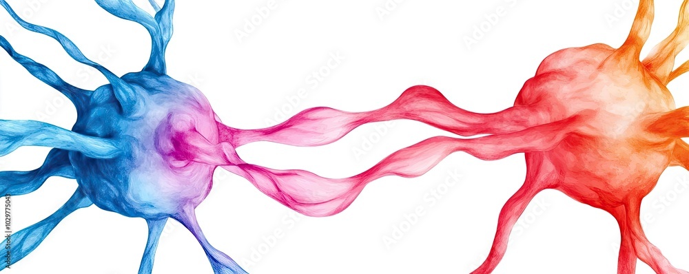 Poster abstract illustration of colorful cells interacting, symbolizing communication and connection in bio