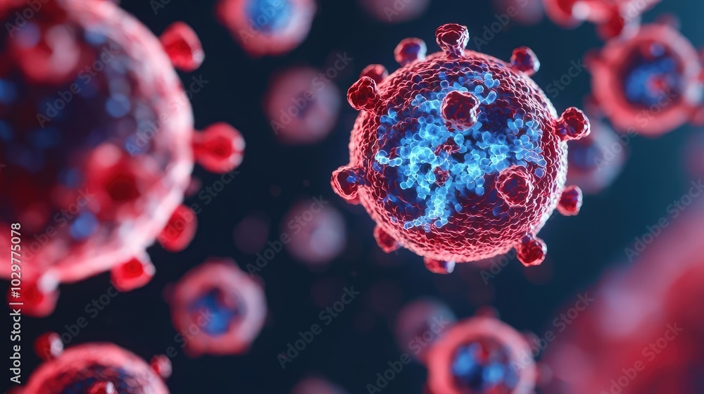 Poster detailed illustration of a virus structure highlighting its features in vibrant colors, emphasizing 
