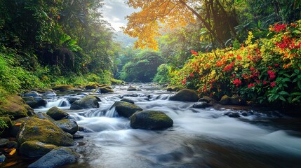 Serene Forest Stream with Vibrant Autumn Colors
