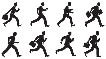 Set of simple monotone black icon of a minimalist icon of a human running with a briefcase in hand, on white background.
