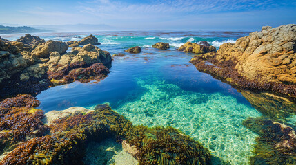 Fototapeta premium Crystal-clear tidal pools filled with colorful marine life along a rugged coastline. v2