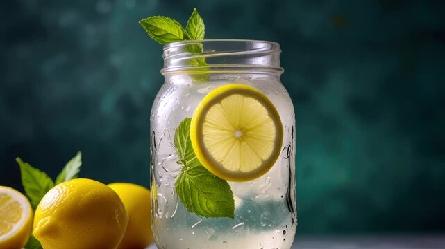 lemonade with lemon and mint in mason jar over a green background