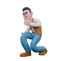 Professional 3D Male Cultural Anthropologist. A male anthropologist is crouching while holding his chin. Cartoon