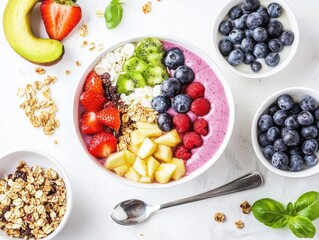 A cheerful breakfast scene with vegan options, featuring smoothie bowls, fresh fruit