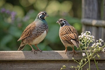 Quail Perched on a Rustic Wooden Fence by a Garden