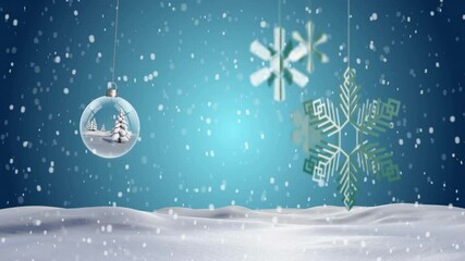 Animation of snow globe with christmas tree over snow falling on blue background - Powered by Adobe