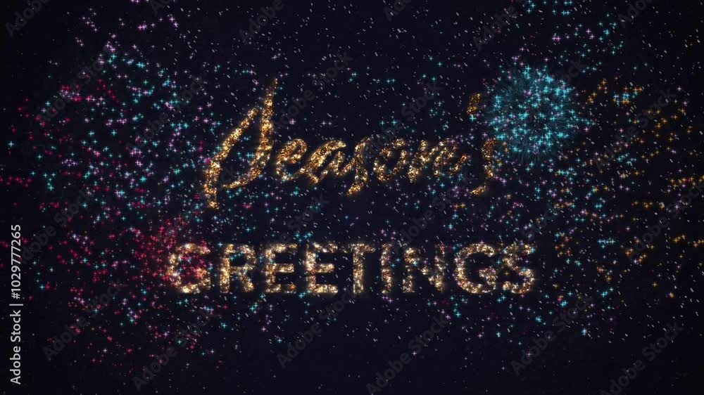 Poster animation of season greetings text over fireworks exploding on black background