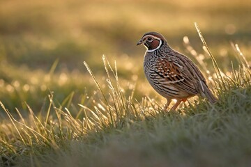 Quail Walking Through Dew-Kissed Grass in the Morning Light