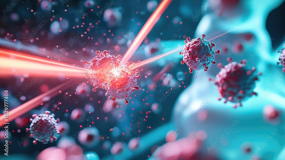 Poster close-up view of abstract bacteria with laser beams representing advanced technology in biomedicine 