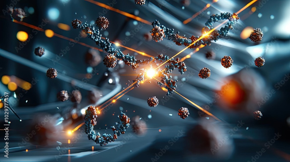 Poster abstract representation of molecular science with glowing particles and energy beams in a futuristic