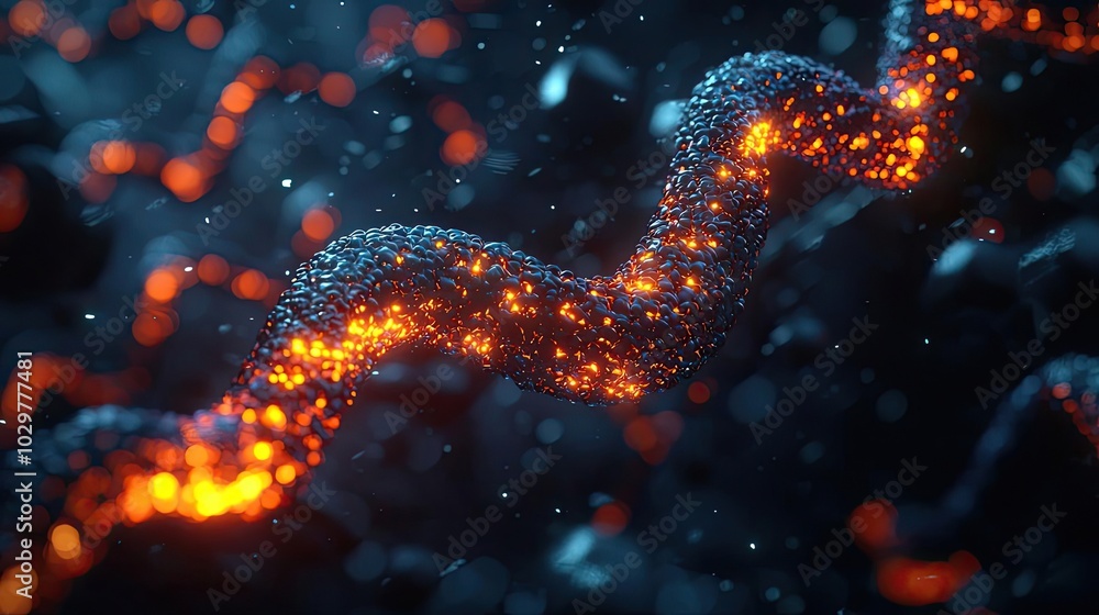 Poster dynamic flow of glowing particles resembling molten lava in a dark background, abstract visual repre