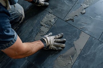 Skilled tile setters laying intricate patterns with precision