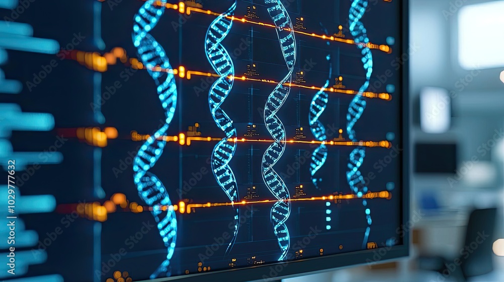 Poster close-up of digital dna sequences displayed on a computer screen in a modern laboratory, showcasing 