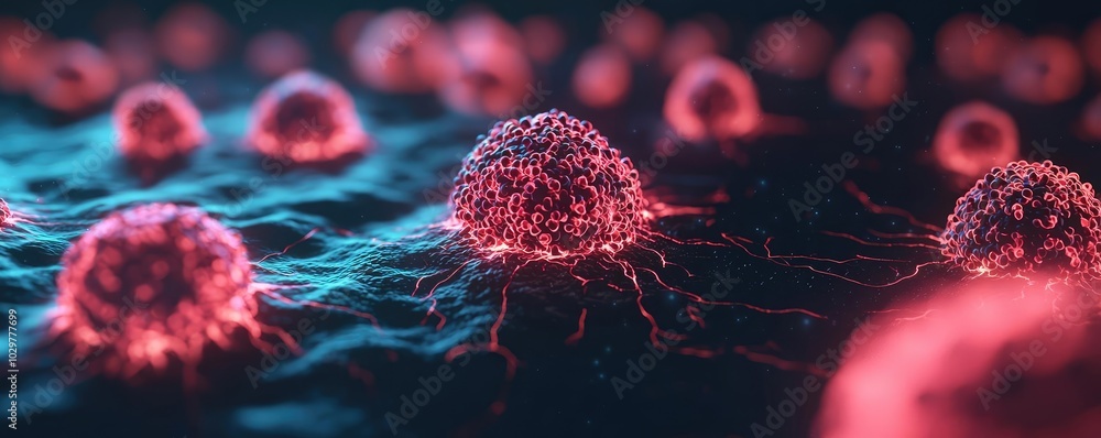 Poster vibrant depiction of abstract cells demonstrating intricate structures and dynamic movements in a di
