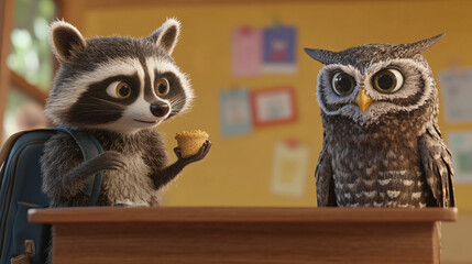 Obraz premium A mischievous 3D raccoon sneaking snacks from its backpack during a school assembly, while a strict owl teacher glares at it from the podium.